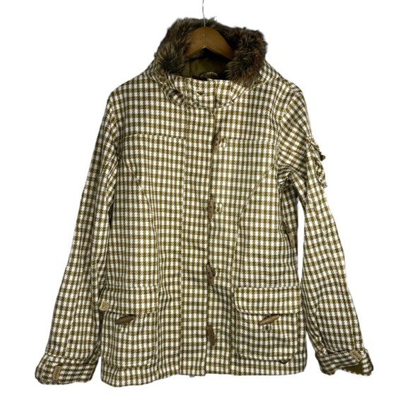 Roxy 5000 Snow Jacket Women Large Gold Cream Checkered Fur Hood Long Sleeve - Picture 1 of 15